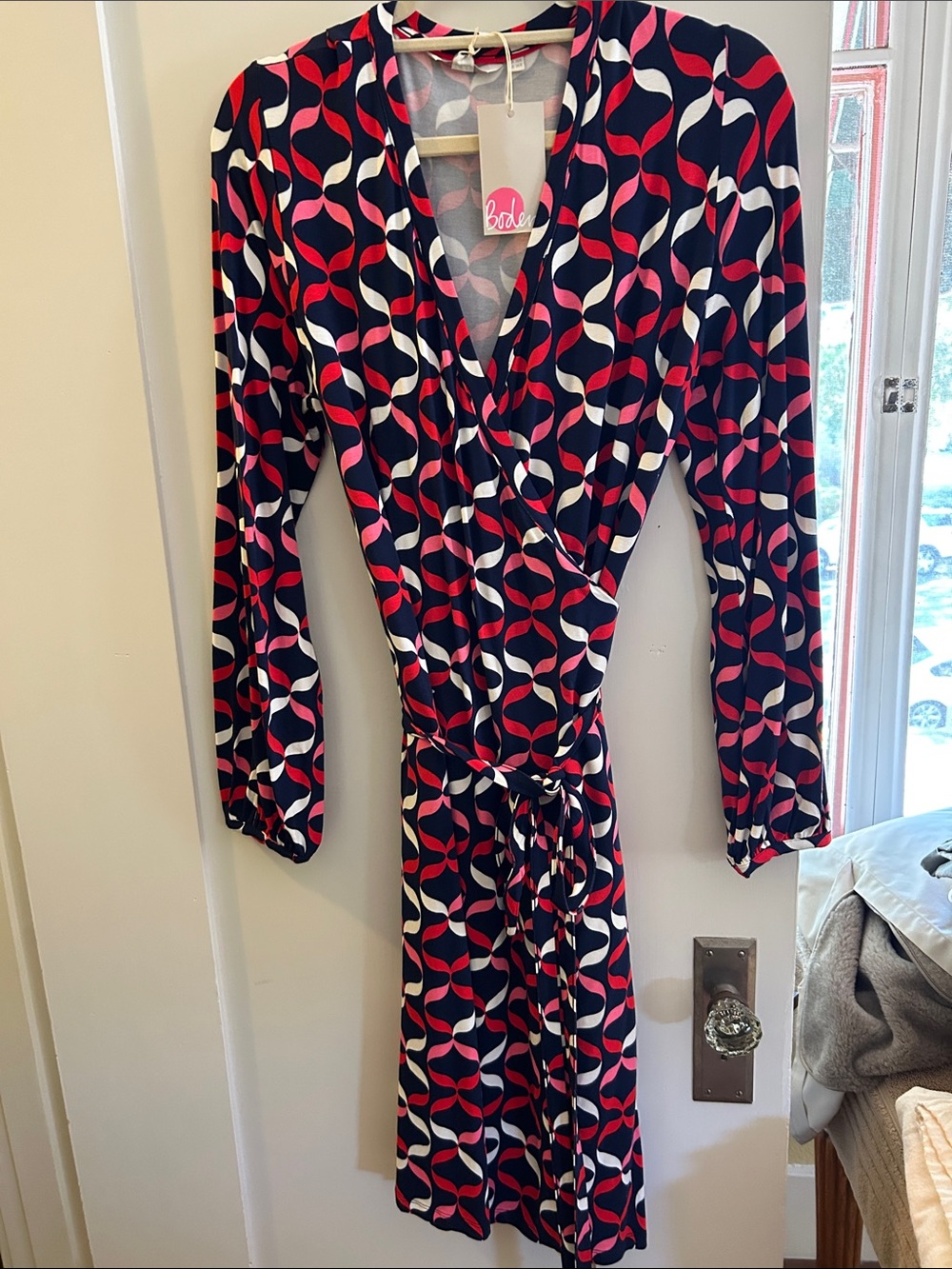 Boden Navy Dress with Pink, Red & White Wave Print